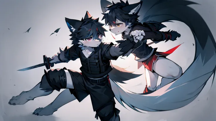 White Wolf，black hair，Red eyes，Wolf ears，Wolf Tail，juvenile，male，hairy，Hair，Half body armor，Combat uniform，Silver and black clothing，Handsome，Handsome，shorts，The forearm is exposed，leg，Fighting Stance，Duel，Two people，Anxious，Armed with a sword，Simple backg...