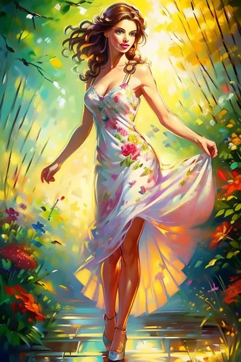 (full body:1.4),(realistic illustration:1.3), A very beautiful Russian woman. 31yo, brunette, green eyes, short, perfect figure, small breasts,(smile).floral print sundress, high heels. Masterpiece, (highly detailed:1.2),(detailed face and eyes:1.2), 8k wa...