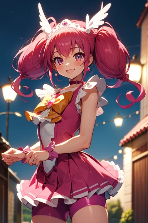 best quality, ultra-detail, masterpiece, anime, 1girl in, solo, cure happy, pink hair, (low twintails under large curled strand of hair), feather hair ornament, skirt. tiara, wrist cuffs, (pink shorts), pink shorts under skirt, boots, happy smile, (glossy ...