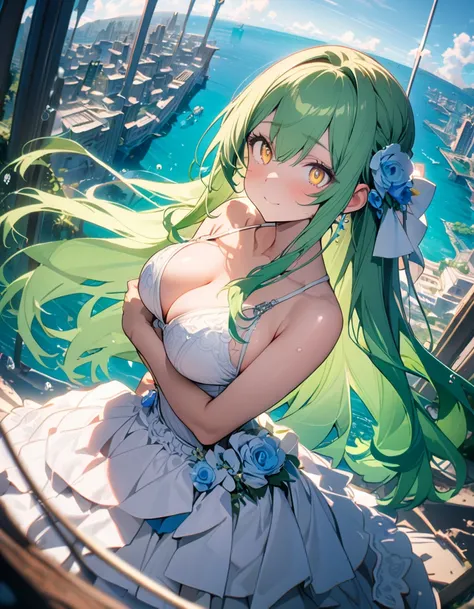 (8K, best quality, master piece: 1.2),super high resolution,1 girl,18yo,solo,ultra-detailed face,deep detailed eyes,yellow eyes,(wedding dress,bikini:1.2),Bridal garter,green hair,green hair, long hair,(Breaststroke), ダイナミックポーズ,clear ocean, sunken ship,シネマ...