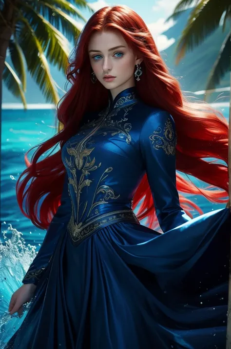 16 year old Sophie Turner, ultra detailed face, ultra detailed blue eyes, long red hair, (dress, long skirt), tropical water, (((masterpiece)))