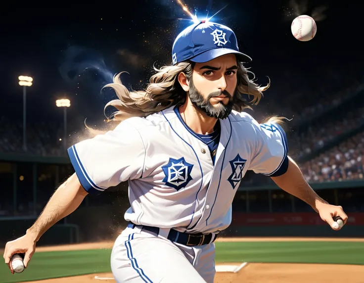 Arafed a sports capture picture of a Rabbi playing baseball, an exquisite beautiful Rabbi, full body, middle aged man, wearing a (Kippa, and Talith: 1.2), having a star of David on his uniform,   dynamic hair, dynamic style, ultra detailed face, concentrat...