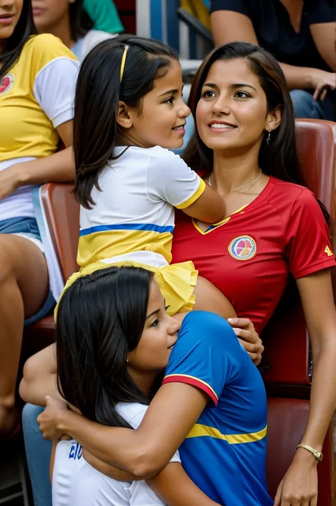 A Disney poster of a girl and her mother watching the Colombia game and on the back of the girl&#39;s shirt it says Mariangel and the number 21 and on the mother&#39;s shirt on the back it says Soraya and the number 17 