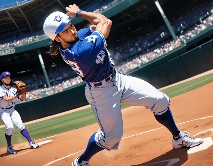 Arafed a sports capture picture of a Rabbi playing baseball, an exquisite beautiful Rabbi, full body, middle aged man, wearing a (Kippa, and Talith: 1.2), having a star of David on his uniform,   dynamic hair, dynamic style, ultra detailed face, concentrat...