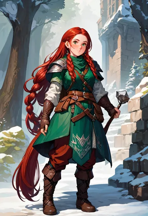 Dungeons & Dragons character, 1girl, female dwarf, long and braided red hair, green eyes, stout and short stature, adventurer garments