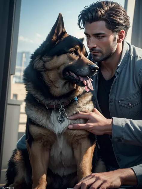 Attractive man petting a German Shepherd (best quality,4K,8K,highres,​masterpiece:1.2),Ultra-detail,(realisti,photorealisti,photo-realisti:1.37),  detailed dog fur, Film compositions,depth of field,Professional 3D rendering