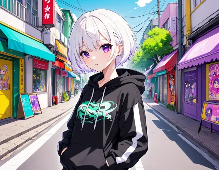 anime girl, short white hair, purple eyes, hoodie, pc, serpentine, vtuber, street style