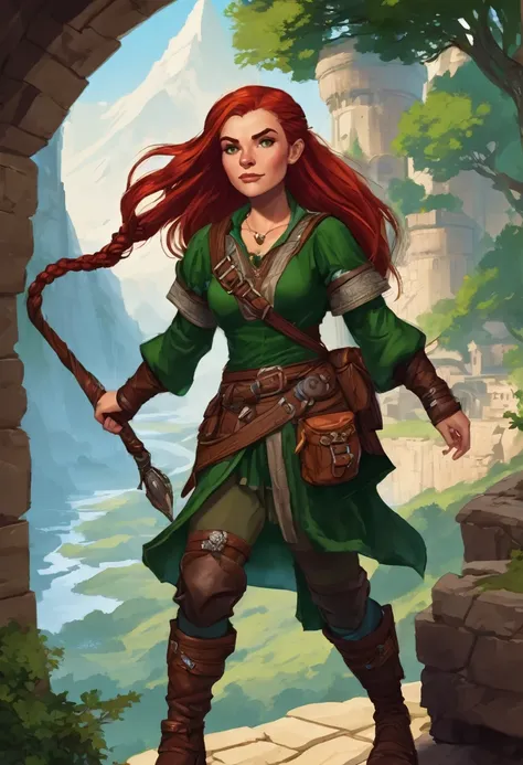 Dungeons & Dragons character, 1girl, female dwarf, long and braided red hair, green eyes, stout and short stature, adventurer garments