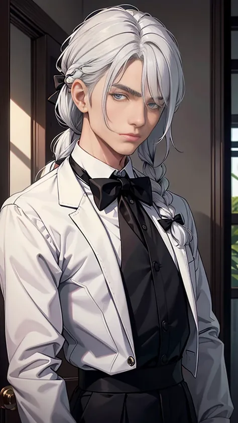 alone, long hair, looking at viewer, bangs, shirt, black hair, 1boy, white hair tips, bow, closed mouth, jacket, white shirt, upper body, braid, gray hair, male focus, multicolored hair, collared shirt, indoors, bow tie, two tone hair, gray eyes, single br...