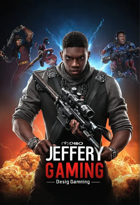 Créez une photo de couverture moderne et dynamique pour une chaîne YouTube nommée "Jeffery Gaming" . Le design doit refléter lénergie et lexcitation des jeux vidéo