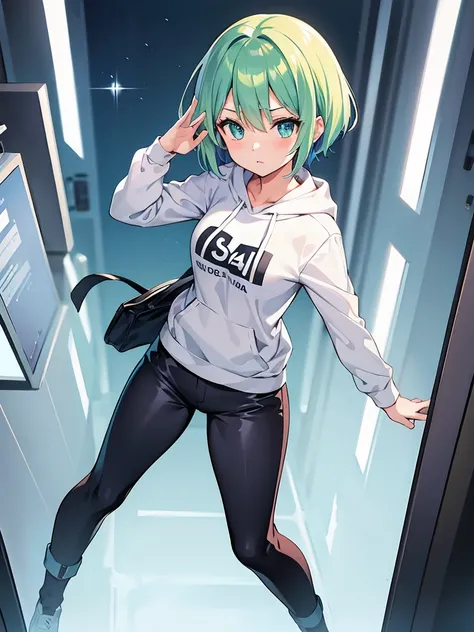 Masterpiece,High quality,(Full body 1.2),Animated standing portrait, black half pants and white hoodie,(green hair 1.4),Anime girl with short green hair and green eyes,(detailed eyes 1.6),(clear eyes 1.4),(beautiful eyes 1.4),(shining eyes 1.4),White cyan,...