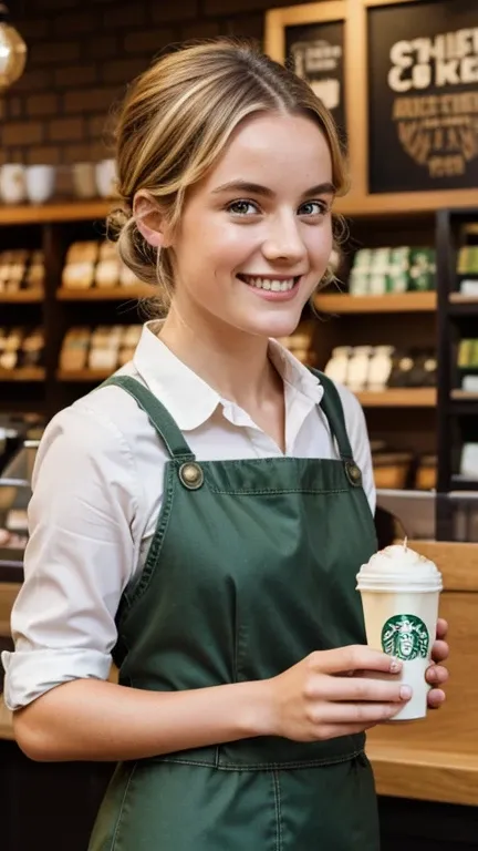 Daisy Edgar-Jones dressed simply in a Starbucks and smiling