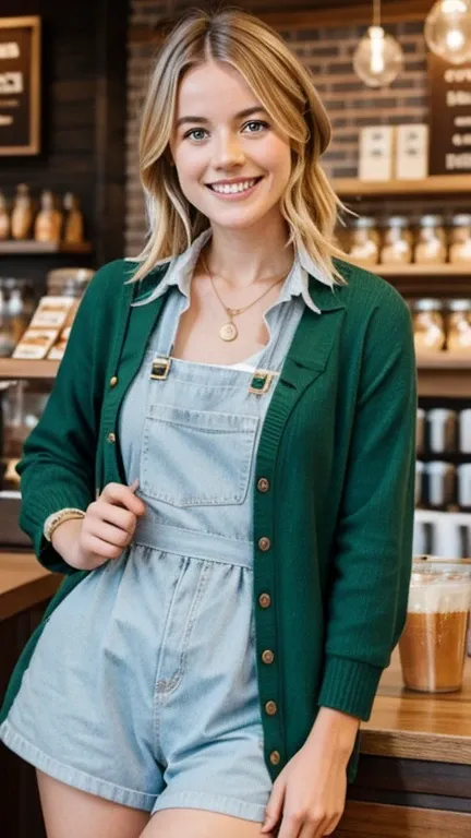 Daisy Edgar-Jones dressed simply in a Starbucks and smiling