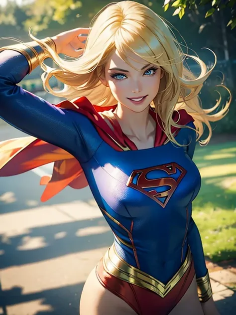 supergirl (cape flowing), (best quality,ultra-detailed,photo-realistic:1.37),bright and vibrant colors,studio lighting,playful e...