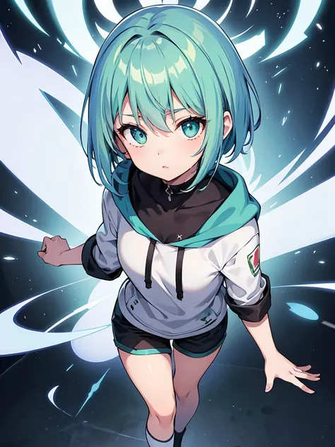 Masterpiece,High quality,(Full body 1.2),Animated standing portrait, black half pants and white hoodie,(green hair 1.4),Anime girl with short green hair and green eyes,(detailed eyes 1.6),(clear eyes 1.4),(beautiful eyes 1.4),(shining eyes 1.4),White cyan,...