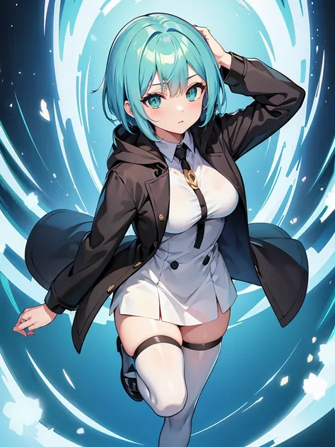 masterpiece,high quality,(full body 1.2),animated standing portrait, black half pants and white hoodie,(green hair 1.4),anime gi...