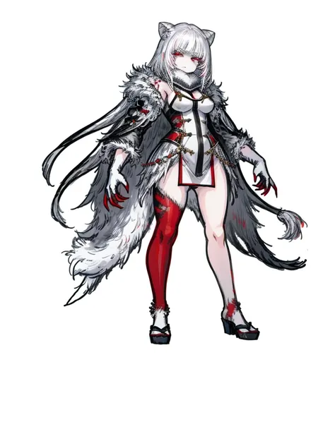 1girl ,white hair,red eyes, pale fur beast, polar, nice clothes,red claws, (high resolution, high detail, best quality), angry