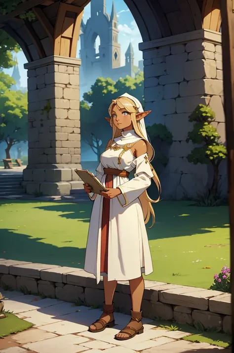 standing alone, female, bard, standing, gazing at viewer, skin tanned, fantasy village, Linen tunic, layer, mellow, breasts big, elf ears, clergy outfit