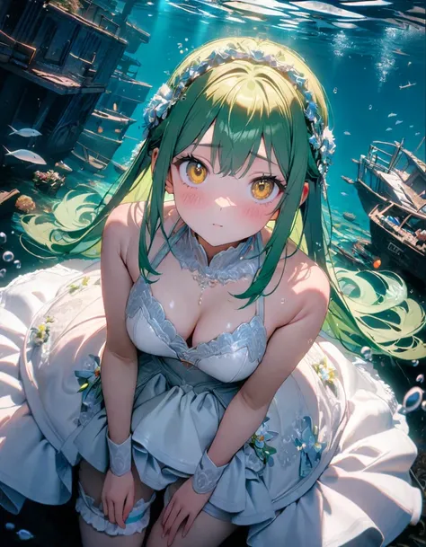 (8K, best quality, master piece: 1.2),super high resolution,1 girl,18yo,solo,ultra-detailed face,deep detailed eyes,yellow eyes,(wedding dress,bikini:1.2),Bridal garter,green hair,green hair, long hair,(Breaststroke in clear sea),sunken ship,Cinema lightin...