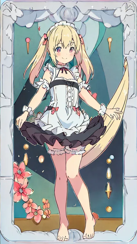 ((masterpiece))((Highest quality))girl、smile、blush、Flat Chest、Are thin、Blonde Hair、blush、Are standing、Whole body image、Even your toes are visible、Eye level to the feet、front、No background、真frontのアングル、A black maid outfit full of frills、Twin tails、Low - Angl...