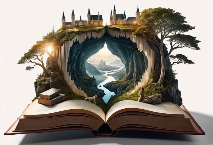 hyperreal digital art style, "fairytale", fantasy world coming out of centered book, open book, hyperdetailed double exposure fa...