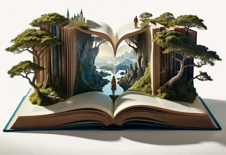 hyperreal digital art style, "fairytale", fantasy world coming out of centered book, open book, hyperdetailed double exposure fa...