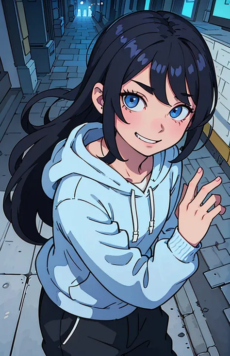 (Best Quality:0.8) perfect anime illustration, a smiling and mocking, Mischievous male with tousled and curly black hair, triangular marks in La Mejía, blue eyes, in city alley, wearing a white hoodie.