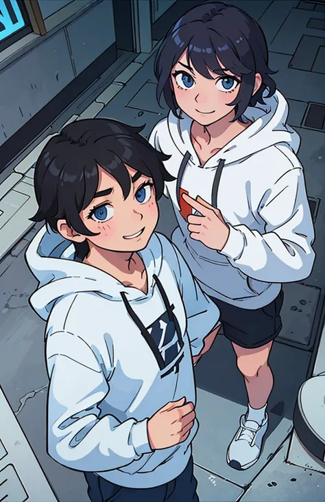 (Best Quality:0.8) perfect anime illustration, a smiling and mocking, Mischievous male with tousled and curly black hair, triangular marks in La Mejía, blue eyes, in city alley, wearing a white hoodie.