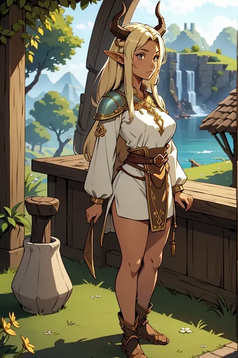 standing alone, female, bard, standing, gazing at viewer, skin tanned, fantasy village, Linen tunic, layer, mellow, breasts big, elf ears, armour, bull horns