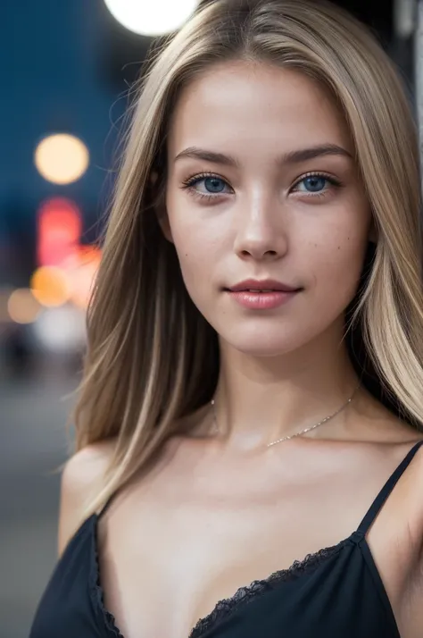 teen, (selfie, top view: 1.4), (straight half body: 1.4), RAW UHD portrait photo of a 15-year-old blonde (blue-eyed woman) walking down a dark alley, natural breasts_b, night city, (red sundress), (décolleté), detail (textures!, hair!, glitter, color!, dis...