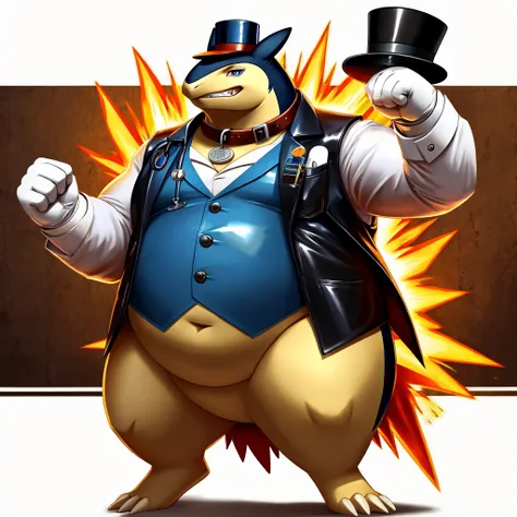 Solo, Male, fat, extremely obese, gentleman, dapper Doctor Typhlosion, blue eyes, (posing:1.3), (soft shading), 4k, hi res, ((detailed face, detailed)), looking at viewer, mouth wide open, steampunk, collared shirt with buttons, top hat, male focus, Explor...