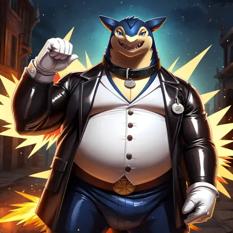 Solo, Male, fat, extremely obese, gentleman, dapper Doctor Typhlosion, blue eyes, (posing:1.3), (soft shading), 4k, hi res, ((detailed face, detailed)), looking at viewer, mouth wide open, steampunk, collared shirt with buttons, top hat, male focus, Explor...