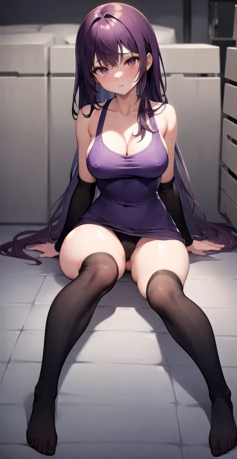 gym storage room, 1 girl, long dark purple hair, medium breasts, Masterpiece, Best Quality, Very detailed