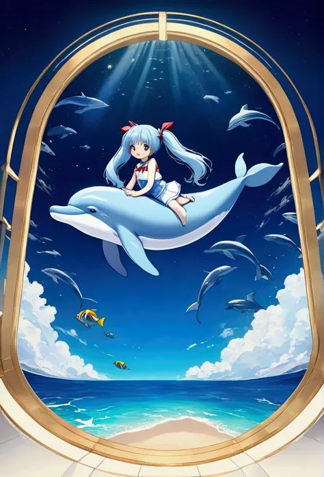 A picture of a dolphin swimming in a colorful sea, Light blue long hair、Beautiful girl with twin tails、Look up the composition, Inspired by Cyril Rolland, Beautiful artwork illustration, author：Shitao, Colorful concept art,  Cyril Rolland style, Flying Wha...