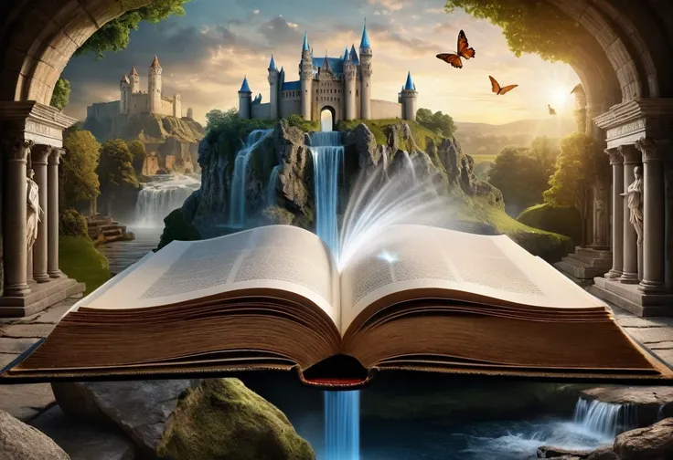 hyperrealistic style of digital art, "fairy tale", a fantastic world coming out of a book in the center, an open book, a fantast...