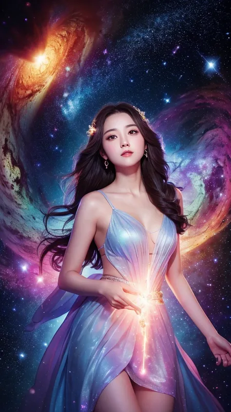 high resolution、gorgeous、goddess、The background is space、Shining stars and nebulae、1 person、front、