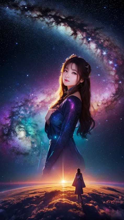 high resolution、gorgeous、goddess、The background is space、Shining stars and nebulae、1 person、front、