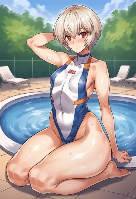 score_9, score_8_up, score_7_up, score_6_up, score_5_up, score_4_up, (source_anime), 1girl, neon genesis evangellion,( rei ayanami, small breasts, big Thighs), far, full body, Swimming pool ,Revealing the breasts, Swimsuit, Wet, school