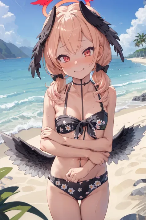 kohass, bikini, low twintails, low wings, head wings, halo, cowboy shot, beach,nature,flowers,
(best quality, masterpiece, RAW photo,ultra-detailed:1.2), 1girl,solo,looking at viewer,smile