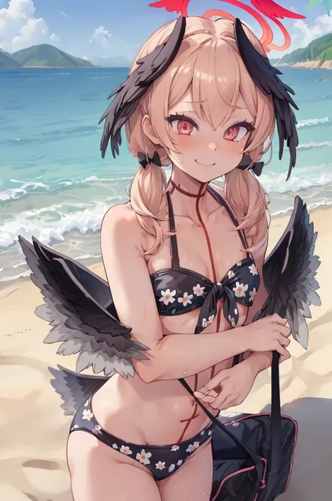 kohass, bikini, low twintails, low wings, head wings, halo, cowboy shot, beach,nature,flowers,
(best quality, masterpiece, RAW photo,ultra-detailed:1.2), 1girl,solo,looking at viewer,smile