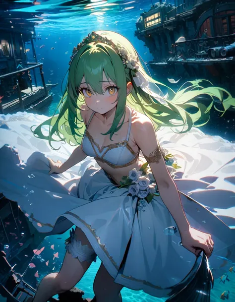 (8K, best quality, master piece: 1.2),super high resolution,1 girl,18yo,solo,ultra-detailed face,deep detailed eyes,gold eyes,(wedding dress,bikini:1.2),Bridal garter,green hair,green hair, long hair,(Butterfly stroke in clear sea),sunken ship,Cinema light...