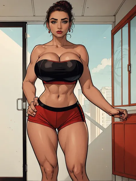 Extremely busty thin and toned brunette, gym girl, fair skin, loose updo, soft face, athletic, strapless bright (cherry red sports bra), tiny (black compression shorts).  standing by a sliding glass door, gym, windows