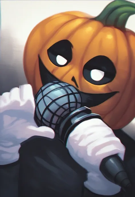 pump, solo, looking at viewer, smile, simple background, gloves, 1boy, upper body, male focus, solid oval eyes, black eyes, white pupils. pumpkin mask, black shirt, black pants, black pants, white gloves, microphone, holding microphone, source