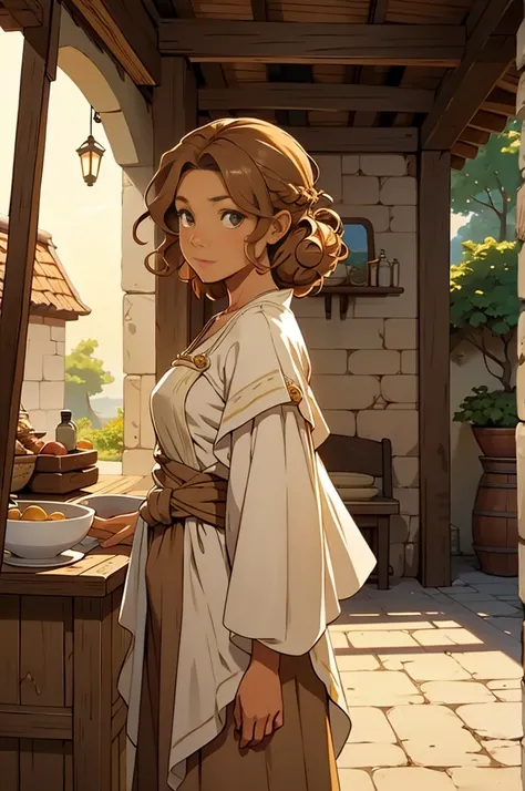 standing alone, female, bard, standing, gazing at viewer, skin tanned, fantasy village, Linen tunic, layer, Light brown bun hair, curly hair, Destaca-se