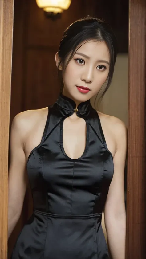 juli,solo, black cheongsam, in doors,lips, closed mouth,high quality,