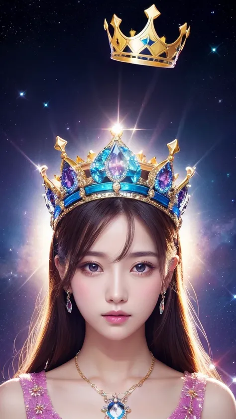 high resolution、gorgeous、goddess、crown、The background is space、shine、front、1 person