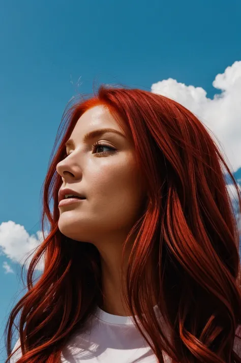 Red haired woman is watching the sky 
