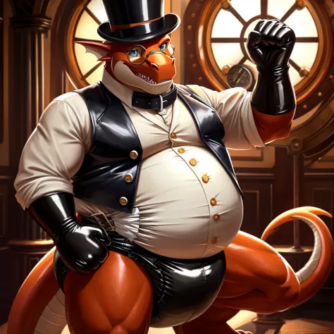 Solo, Male, fat, extremely obese, gentleman, dapper Professor Dragon, blue eyes, (posing:1.3), (soft shading), 4k, hi res, ((detailed face, detailed)), looking at viewer, mouth wide open, steampunk, collared shirt with buttons, top hat, male focus, Explore...