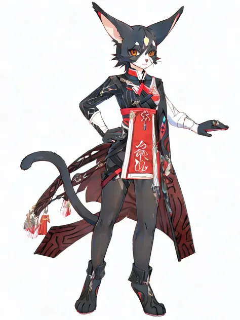 full height. anthropomorphic cat. little height. black fur. chinese costume. ribbons. pancake tail. long ears. thin cat paws. no hair