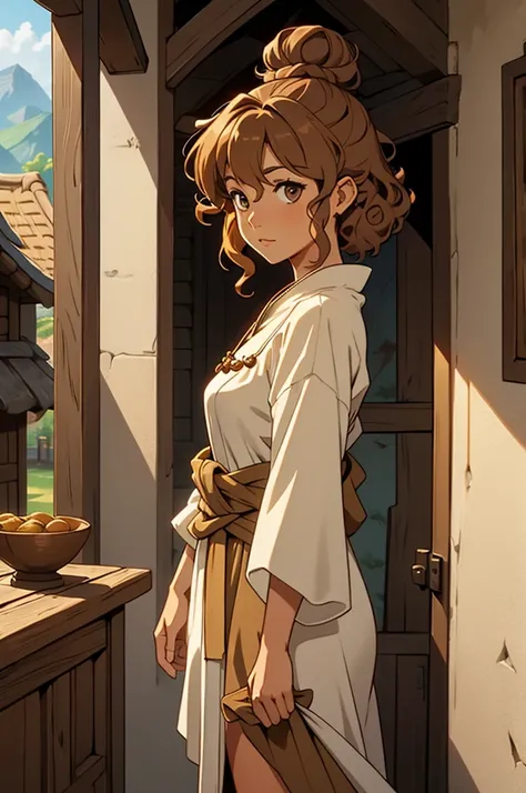 standing alone, female, bard, standing, gazing at viewer, skin tanned, fantasy village, Linen tunic, layer, Light brown bun hair, curly hair, Destaca-se